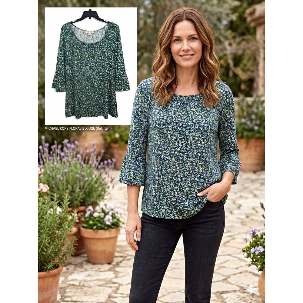 Michael Kors Women’s L Floral Knit Pullover Top Scoop Neck 3/4 Bell Super Soft